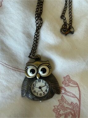 Owl Pendant Necklace with Clock - Antique Brass
